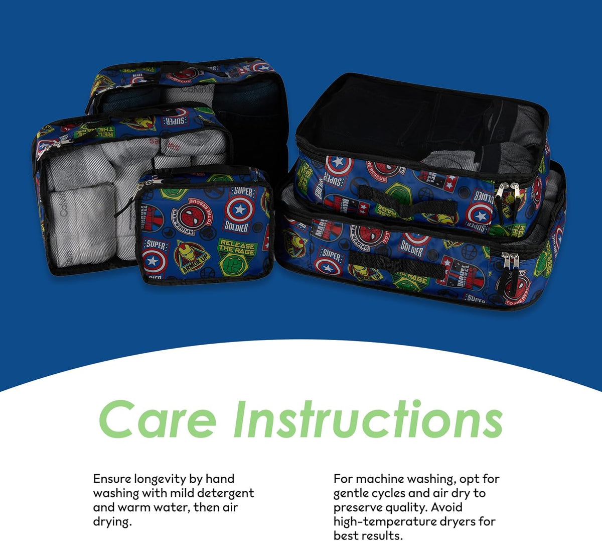 Comics 5-Piece Packing Cube Set - Spiderman, Ironman, Captain America - 5 Piece Packing Cubes Compression Travel Essential Accessories - Luggage Suitcase Organizer Set - For Kids, Adults