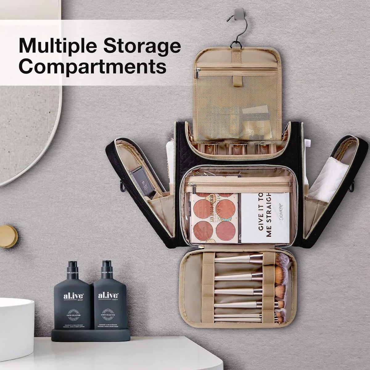 Toiletry Bag, Travel Toiletry Bag for Women, Water-resistant Cosmetic Makeup Bag, Large Capacity Door Room Essentials Travel Organizer for Full Sized Toiletries and Cosmetics, Black