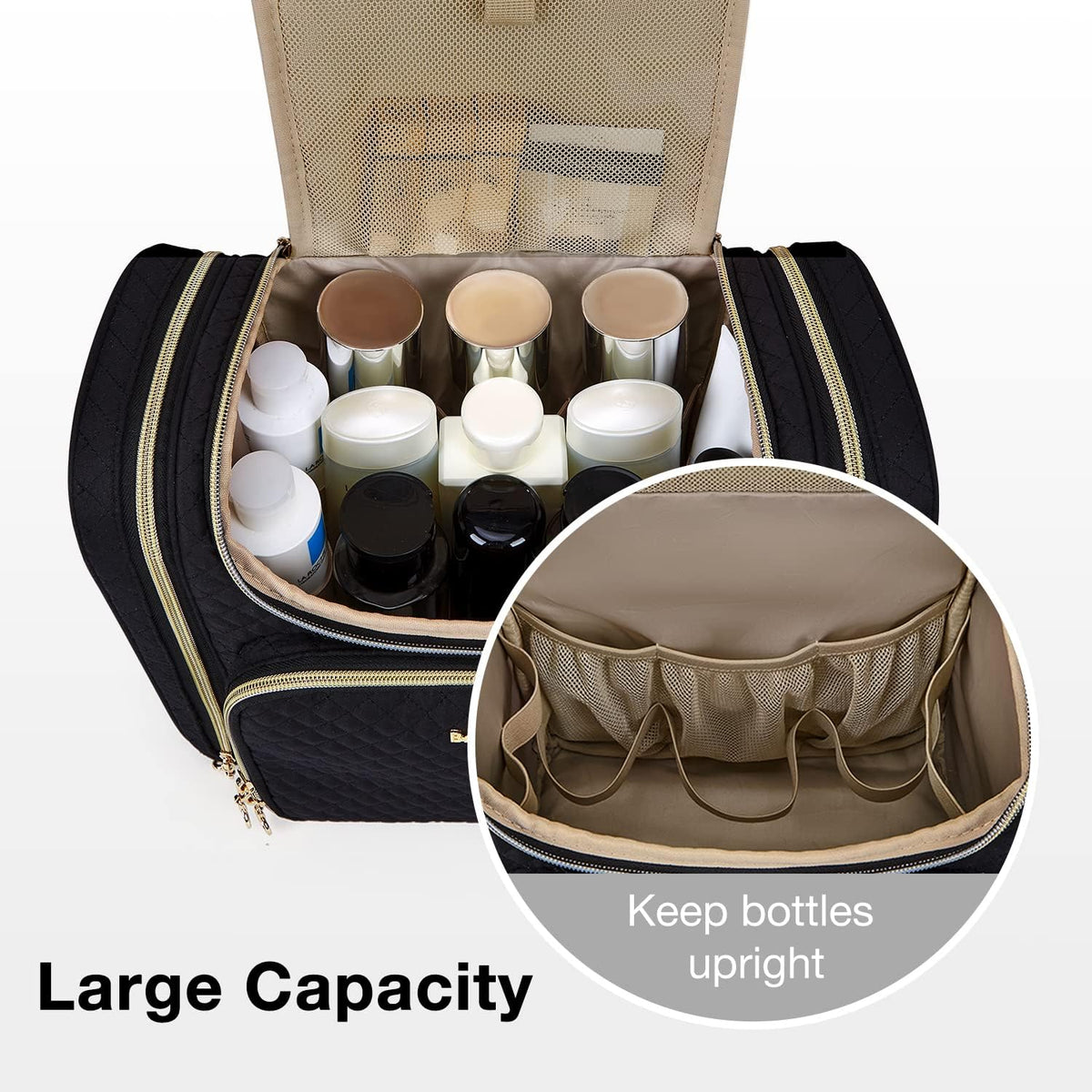 Toiletry Bag, Travel Toiletry Bag for Women, Water-resistant Cosmetic Makeup Bag, Large Capacity Door Room Essentials Travel Organizer for Full Sized Toiletries and Cosmetics, Black