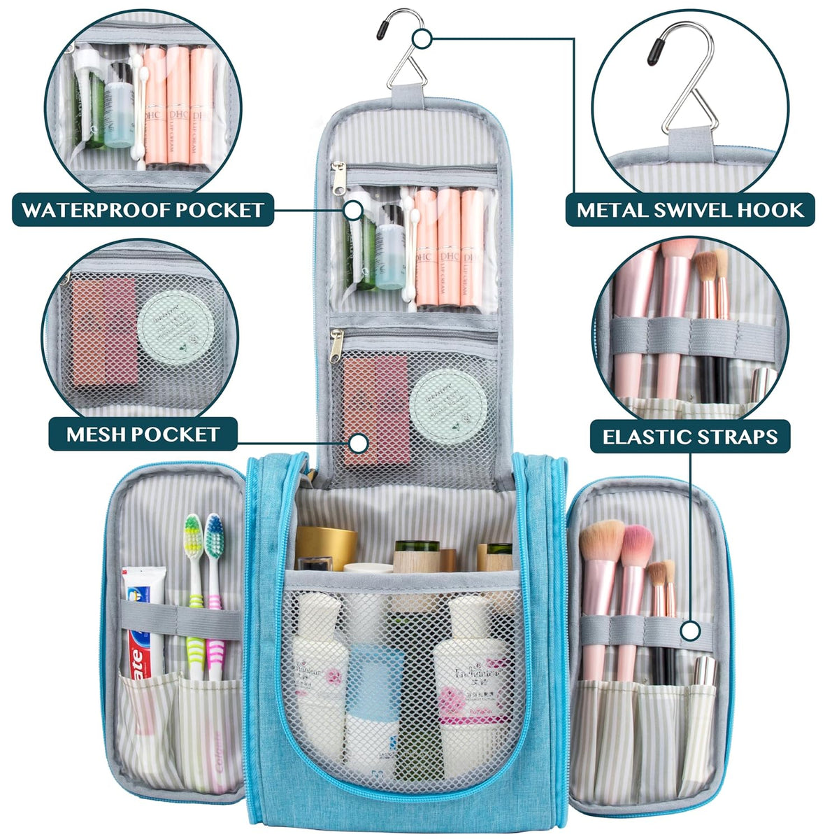 Toiletry Bag Travel Bag for Women Men, Hanging Cosmetic Organizer, Water Resistant Makeup Bag for Accessories Toiletries, Large Travel Essentials Kit (Turquoise)