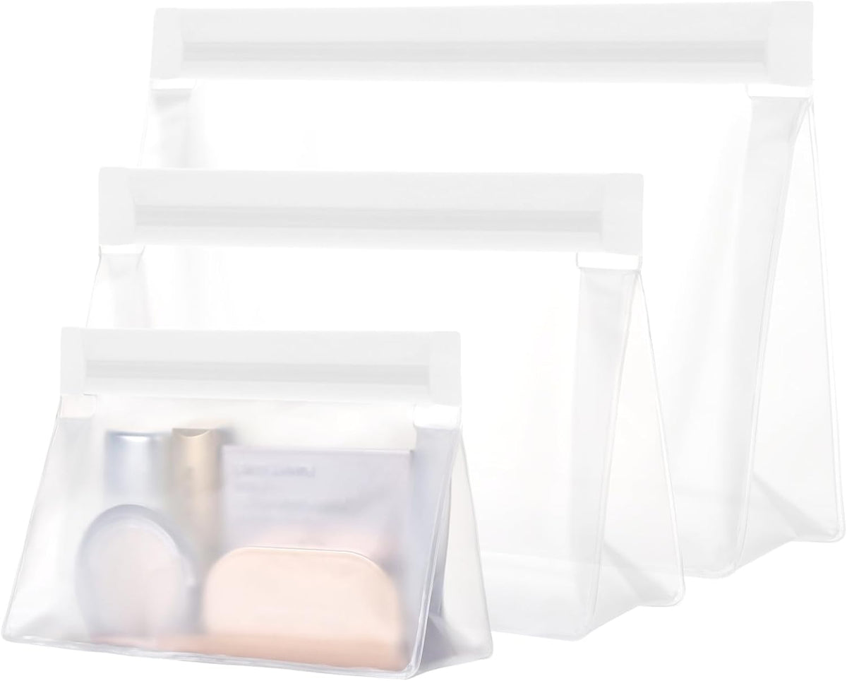 Leak Proof Clear Toiletry Bag - Sealed TSA Approved Toiletry Bag with Reinforced Seams, Reusable and Easy to Clean, Clear Travel Bags for Toiletries, Food-grade PEVA, 1L+1M+1S, White