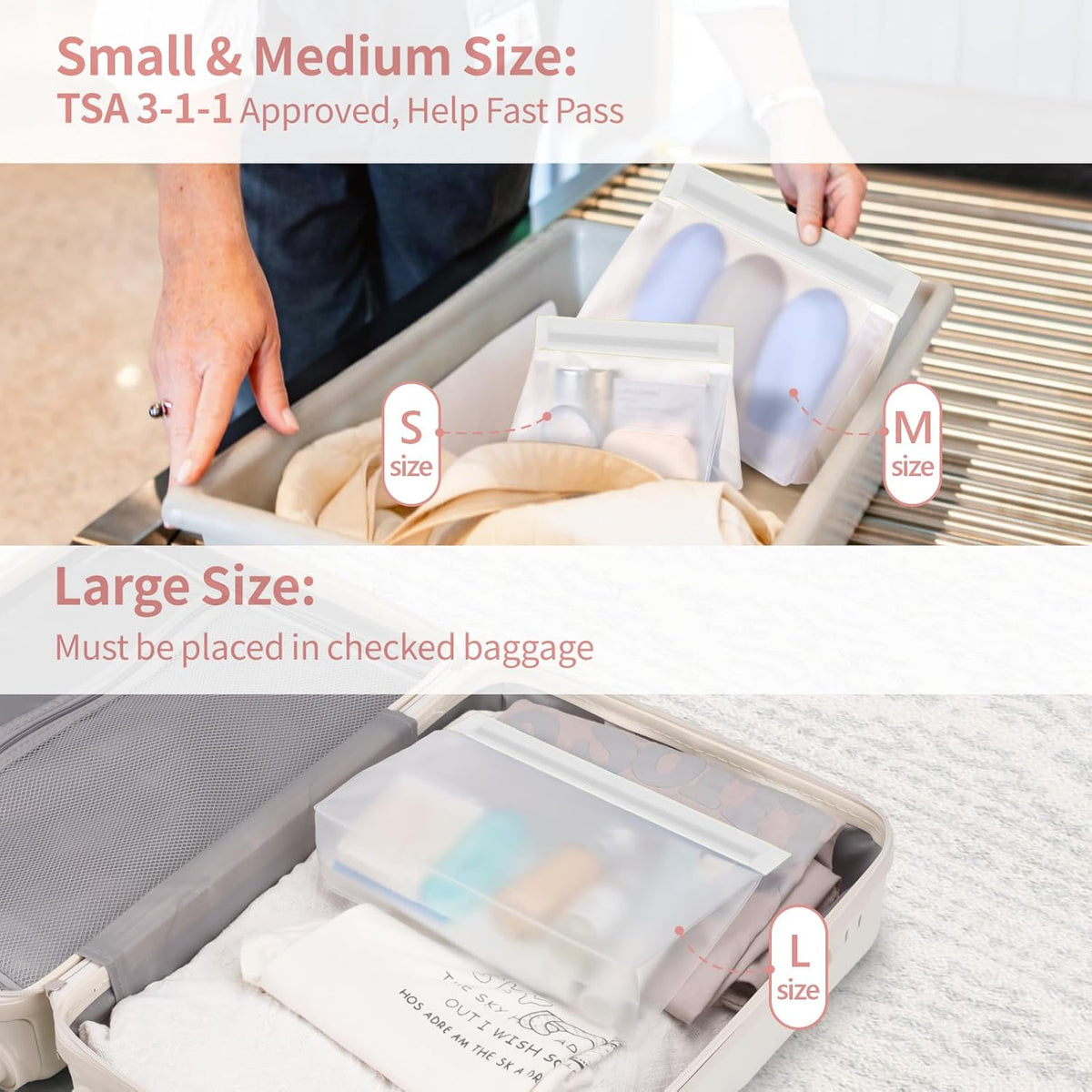 Leak Proof Clear Toiletry Bag - Sealed TSA Approved Toiletry Bag with Reinforced Seams, Reusable and Easy to Clean, Clear Travel Bags for Toiletries, Food-grade PEVA, 1L+1M+1S, White