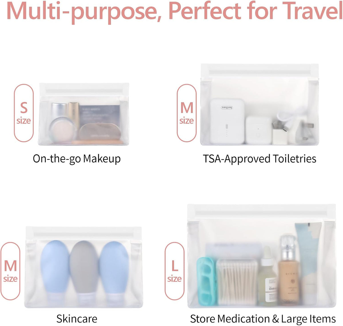 Leak Proof Clear Toiletry Bag - Sealed TSA Approved Toiletry Bag with Reinforced Seams, Reusable and Easy to Clean, Clear Travel Bags for Toiletries, Food-grade PEVA, 1L+1M+1S, White