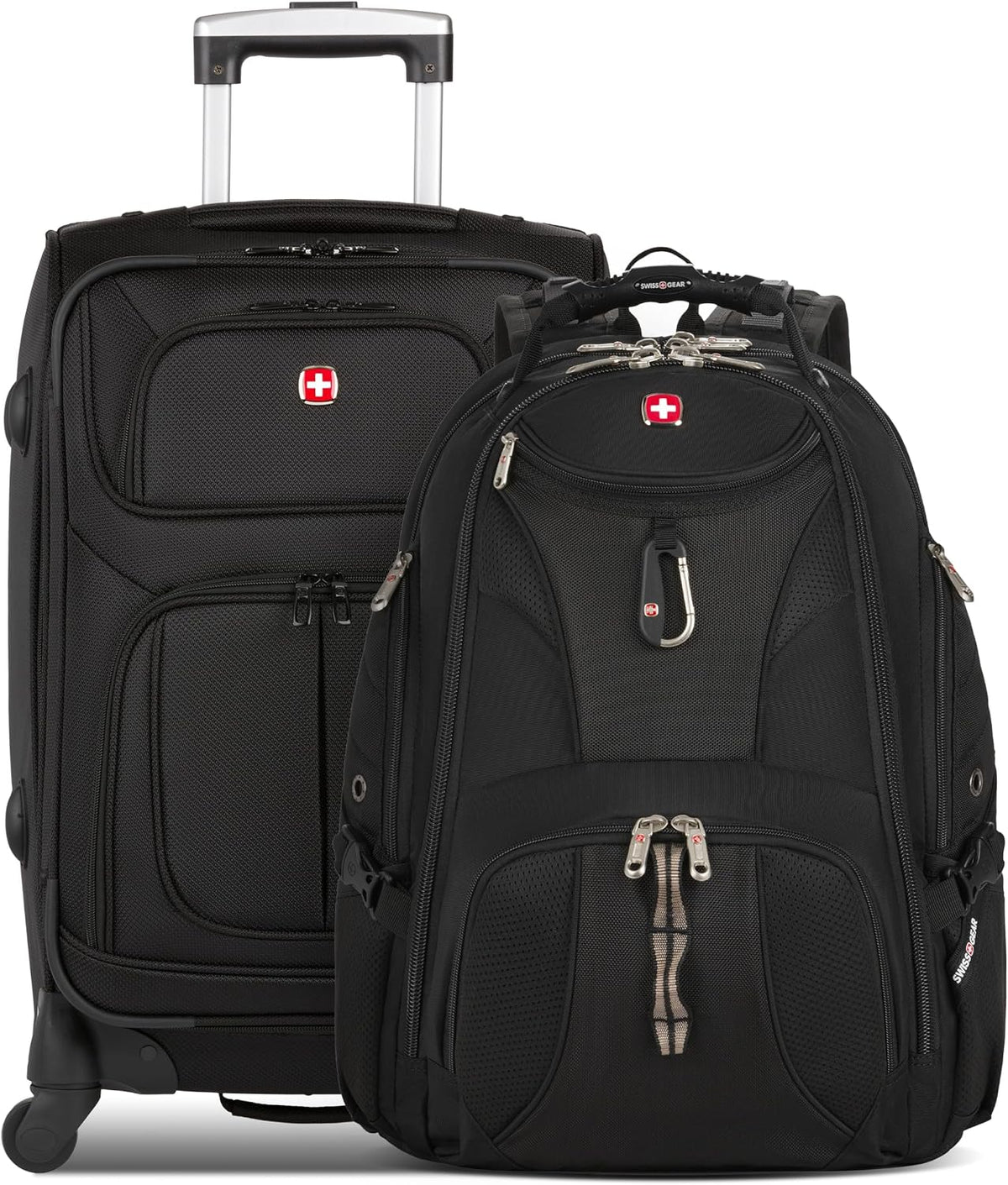 Sion Travel Set, Softside Expandable Carry-On Spinner Bundled with 1900 ScanSmart 17" Laptop Backpack with RFID Blocking & Tech Organization, Black
