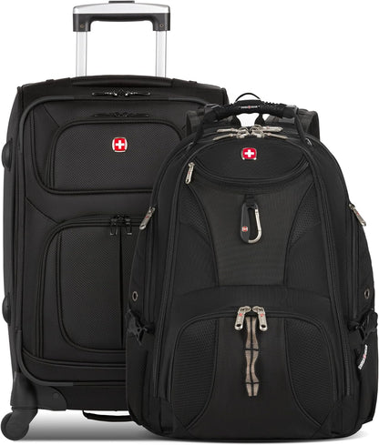 Sion Travel Set, Softside Expandable Carry-On Spinner Bundled with 1900 ScanSmart 17" Laptop Backpack with RFID Blocking & Tech Organization, Black