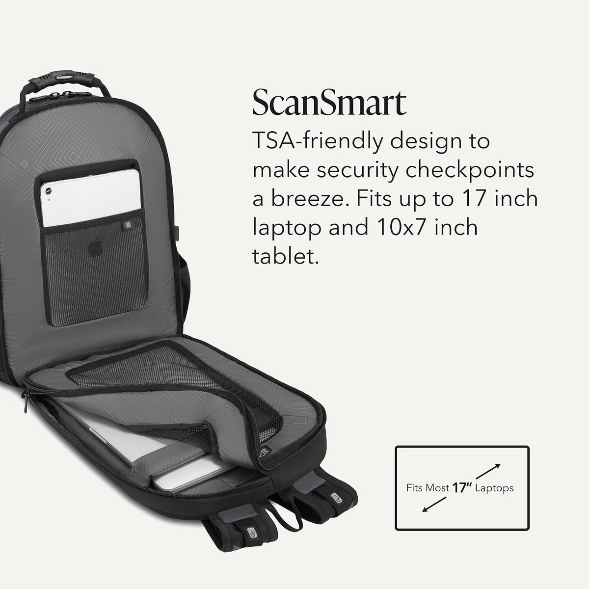 Sion Travel Set, Softside Expandable Carry-On Spinner Bundled with 1900 ScanSmart 17" Laptop Backpack with RFID Blocking & Tech Organization, Black