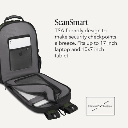 Sion Travel Set, Softside Expandable Carry-On Spinner Bundled with 1900 ScanSmart 17" Laptop Backpack with RFID Blocking & Tech Organization, Black