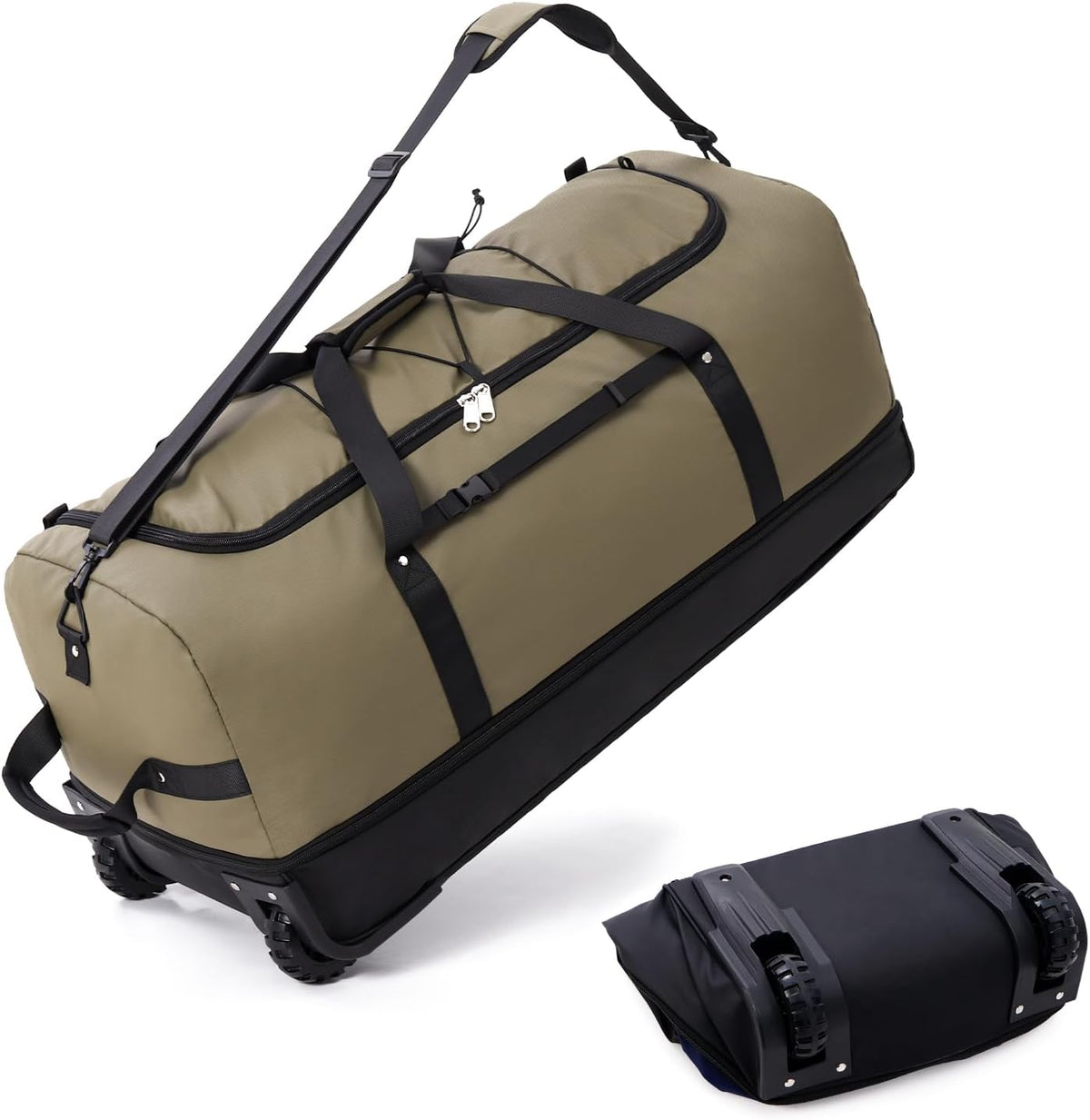 Expandable from 110L to 140L 31.5" Rolling Duffle Bag with 2 Wheels,Foldable Travel Duffel Bag with Large Convertible Compartment Pocket,Army Green