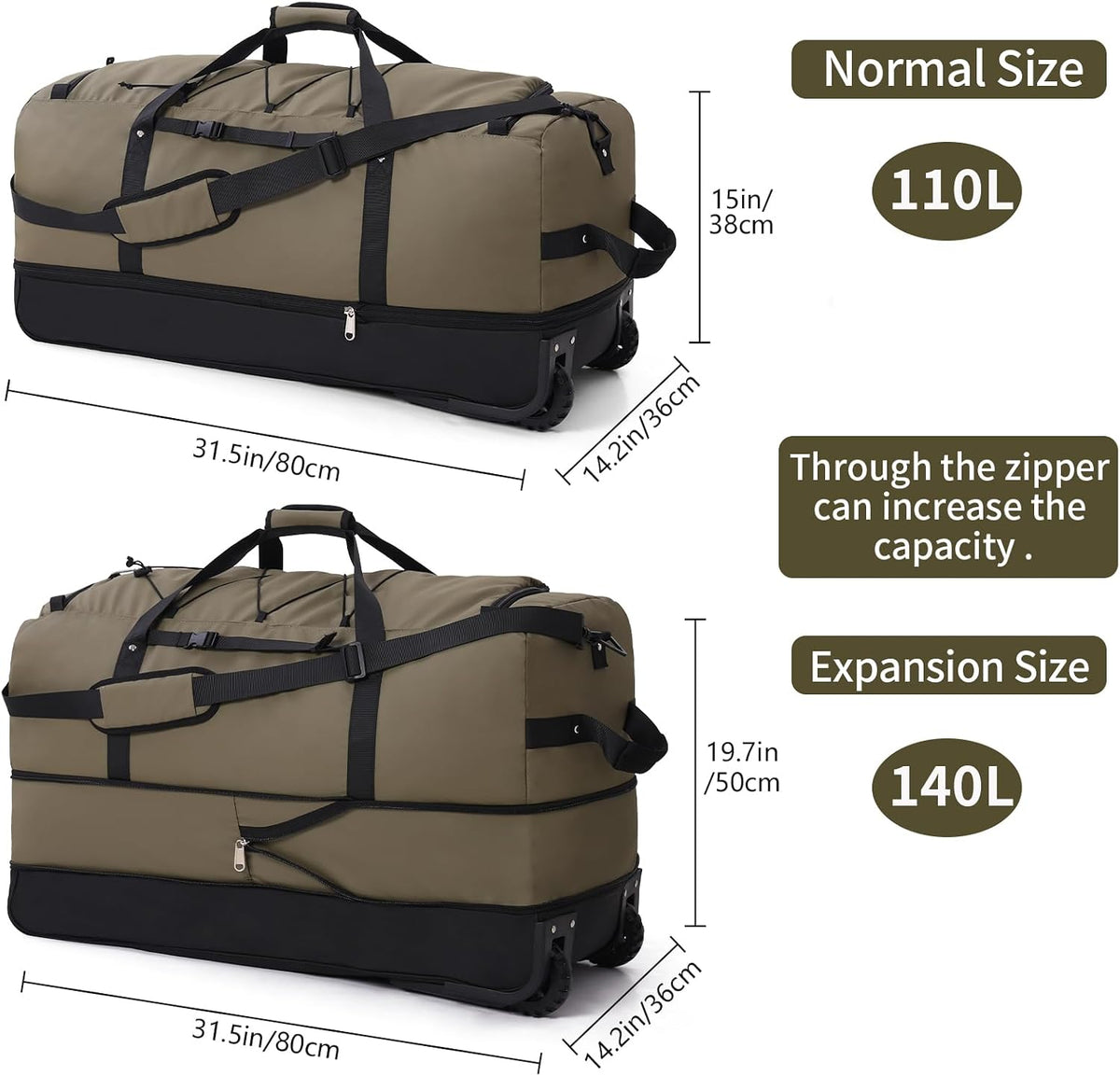 Expandable from 110L to 140L 31.5" Rolling Duffle Bag with 2 Wheels,Foldable Travel Duffel Bag with Large Convertible Compartment Pocket,Army Green