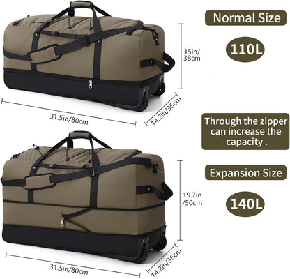 Expandable from 110L to 140L 31.5" Rolling Duffle Bag with 2 Wheels,Foldable Travel Duffel Bag with Large Convertible Compartment Pocket,Army Green
