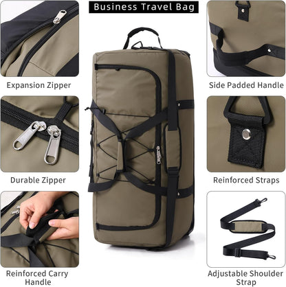 Expandable from 110L to 140L 31.5" Rolling Duffle Bag with 2 Wheels,Foldable Travel Duffel Bag with Large Convertible Compartment Pocket,Army Green