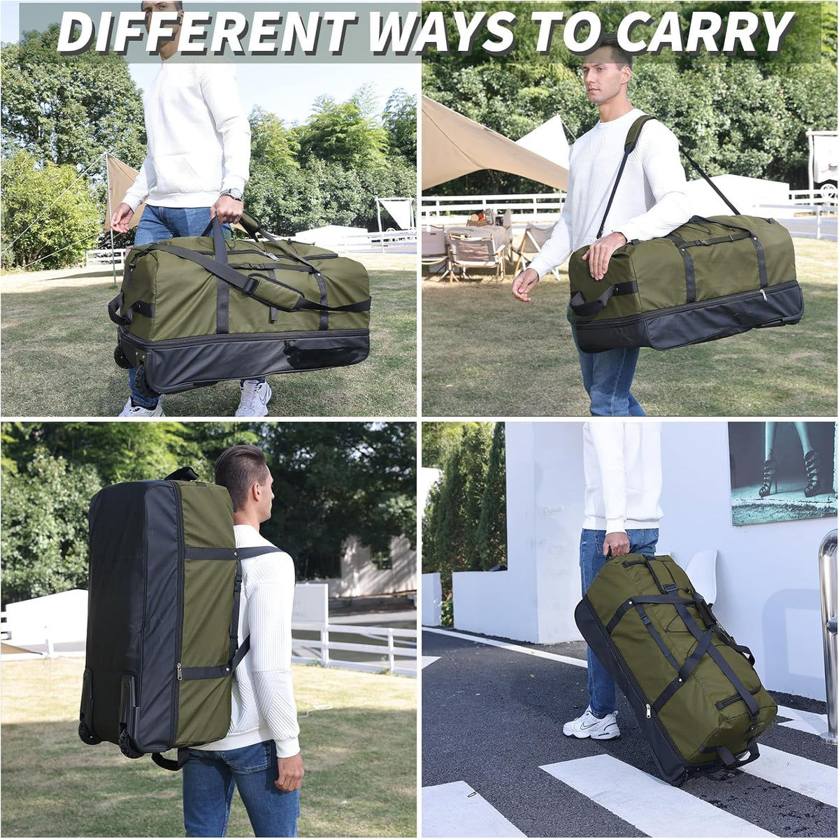 Expandable from 110L to 140L 31.5" Rolling Duffle Bag with 2 Wheels,Foldable Travel Duffel Bag with Large Convertible Compartment Pocket,Army Green