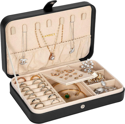 Small Jewelry Box for Women Girls, PU Leather Travel Jewelry Case, Portable Jewelry Organizer Storage Holder Display for Ring Earrings Necklace Bracelet Bangle Men Kids Gift, Black