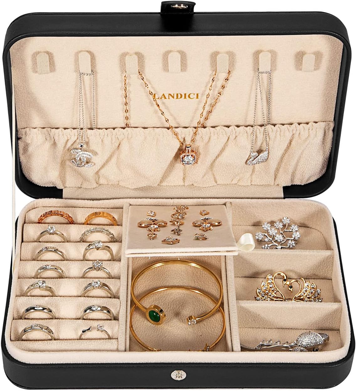 Small Jewelry Box for Women Girls, PU Leather Travel Jewelry Case, Portable Jewelry Organizer Storage Holder Display for Ring Earrings Necklace Bracelet Bangle Men Kids Gift, Black