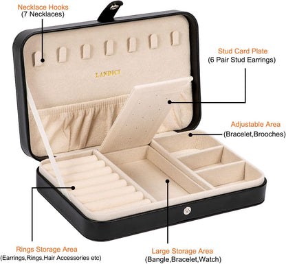 Small Jewelry Box for Women Girls, PU Leather Travel Jewelry Case, Portable Jewelry Organizer Storage Holder Display for Ring Earrings Necklace Bracelet Bangle Men Kids Gift, Black