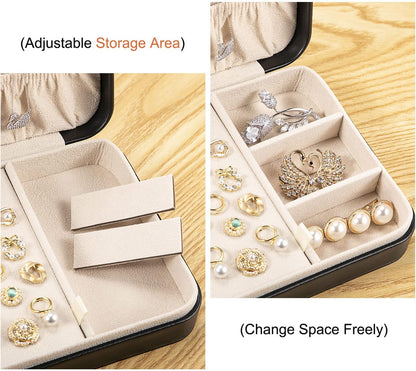 Small Jewelry Box for Women Girls, PU Leather Travel Jewelry Case, Portable Jewelry Organizer Storage Holder Display for Ring Earrings Necklace Bracelet Bangle Men Kids Gift, Black