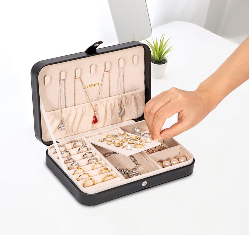 Small Jewelry Box for Women Girls, PU Leather Travel Jewelry Case, Portable Jewelry Organizer Storage Holder Display for Ring Earrings Necklace Bracelet Bangle Men Kids Gift, Black