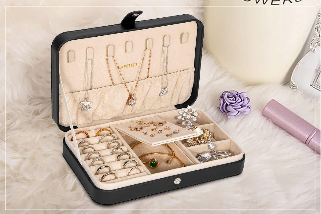 Small Jewelry Box for Women Girls, PU Leather Travel Jewelry Case, Portable Jewelry Organizer Storage Holder Display for Ring Earrings Necklace Bracelet Bangle Men Kids Gift, Black