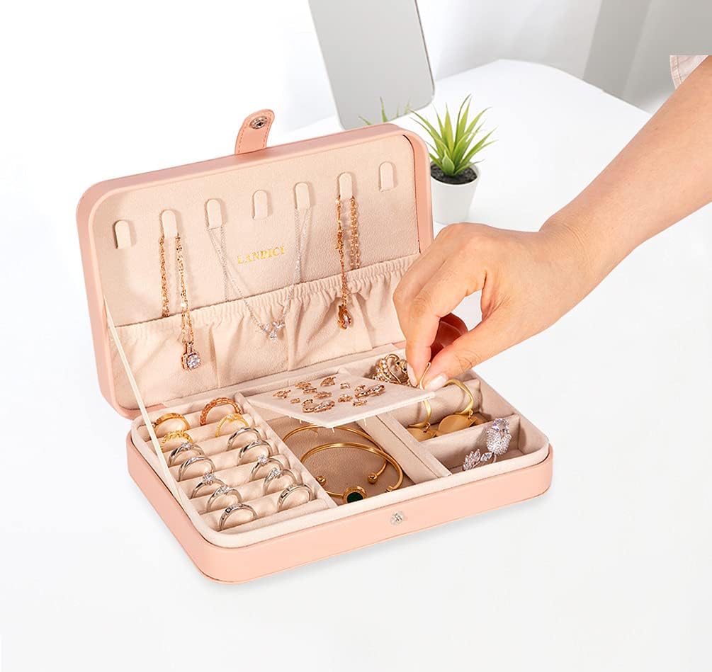 Small Jewelry Box for Women Girls, PU Leather Travel Jewelry Case, Portable Jewelry Organizer Storage Holder Display for Ring Earrings Necklace Bracelet Bangle Men Kids Gift, Black