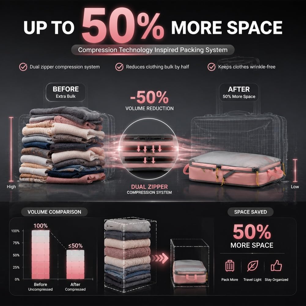 6-Piece Expandable Space-Saving Packing Cubes, compression Travel Bags Essentials Luggage Storage Organizer Laundry Accessories for Camping Vacation Suitcase Cruise Clothing(Black,4PCS)