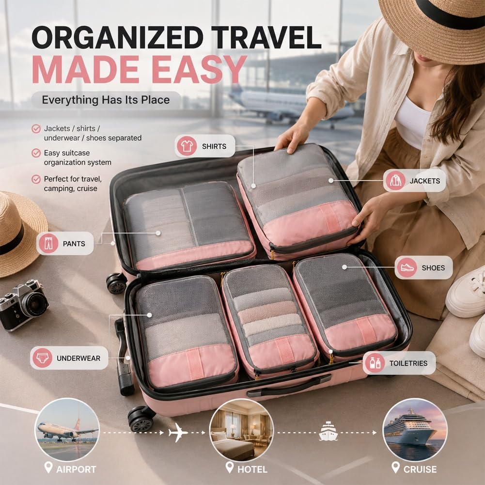 6-Piece Expandable Space-Saving Packing Cubes, compression Travel Bags Essentials Luggage Storage Organizer Laundry Accessories for Camping Vacation Suitcase Cruise Clothing(Black,4PCS)