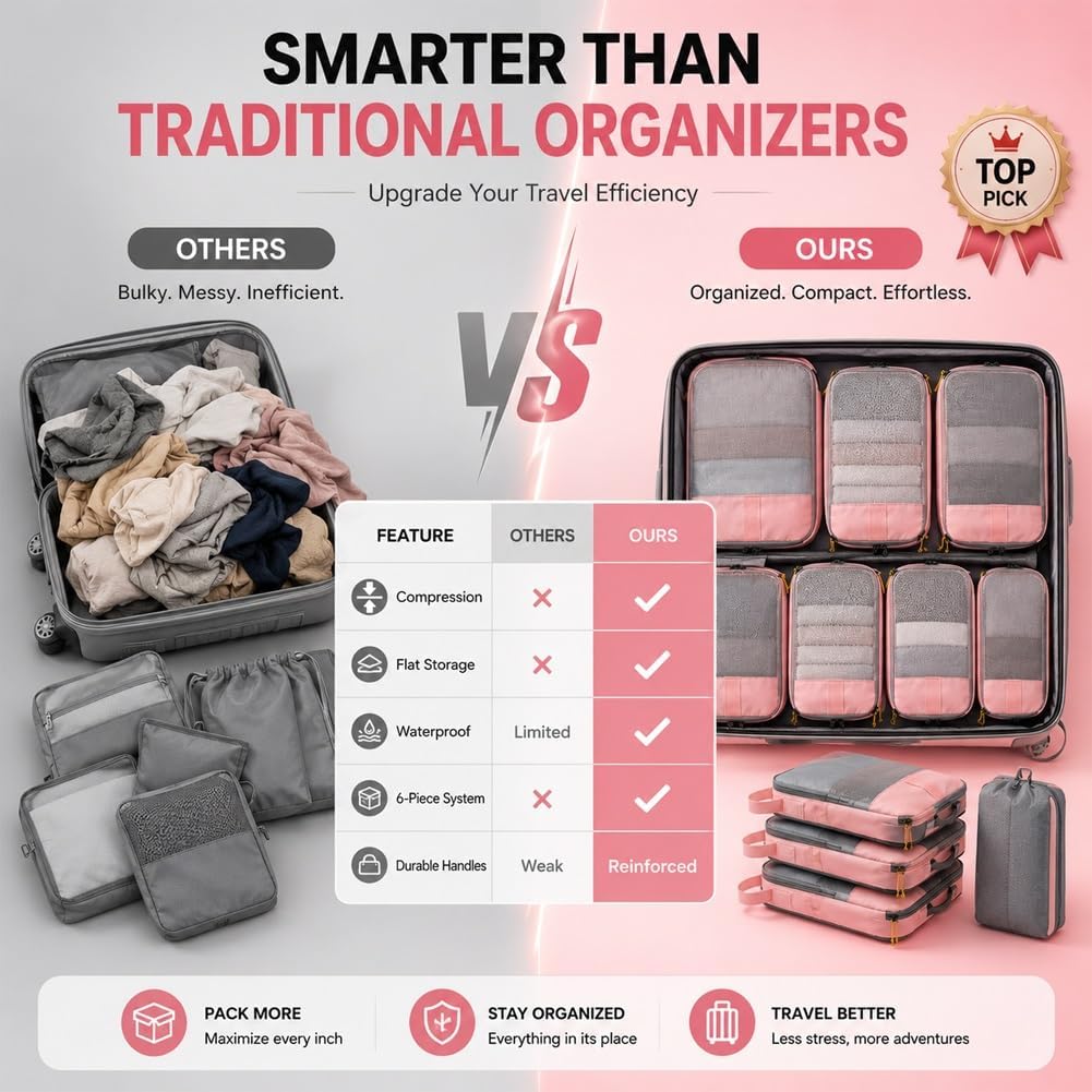 6-Piece Expandable Space-Saving Packing Cubes, compression Travel Bags Essentials Luggage Storage Organizer Laundry Accessories for Camping Vacation Suitcase Cruise Clothing(Black,4PCS)