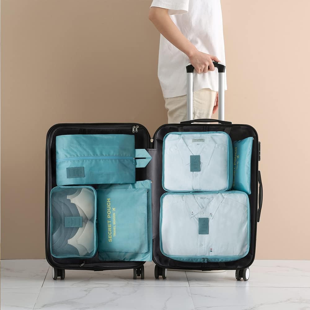 7 Set Packing Cubes Travel Luggage Packing Organizers for Suitcase, Blue Flower