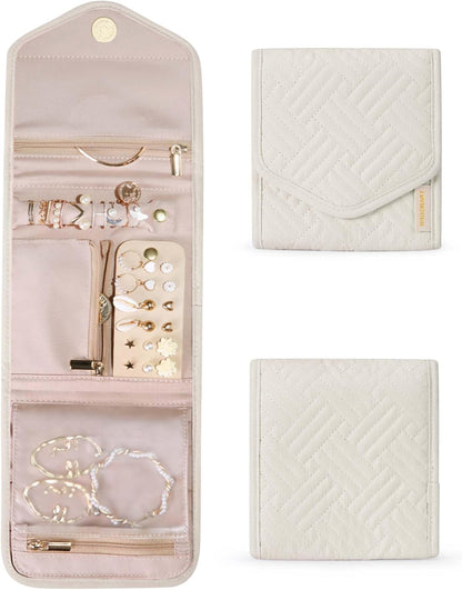 Travel Jewelry Organizer Case Foldable Small Jewelry Roll for Journey Rings, Necklaces, Earrings, Bracelets,Mini,Soft Pink