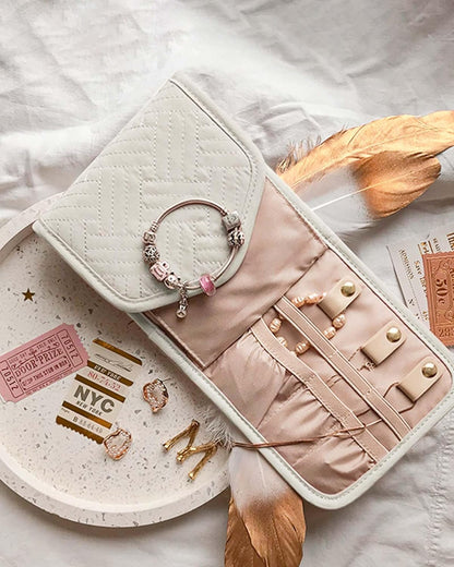 Travel Jewelry Organizer Case Foldable Small Jewelry Roll for Journey Rings, Necklaces, Earrings, Bracelets,Mini,Soft Pink