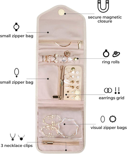 Travel Jewelry Organizer Case Foldable Small Jewelry Roll for Journey Rings, Necklaces, Earrings, Bracelets,Mini,Soft Pink