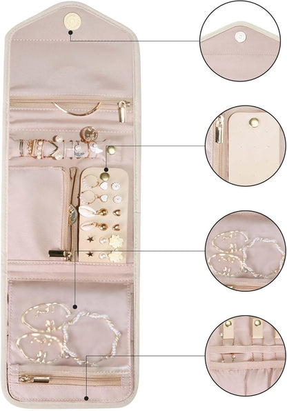 Travel Jewelry Organizer Case Foldable Small Jewelry Roll for Journey Rings, Necklaces, Earrings, Bracelets,Mini,Soft Pink