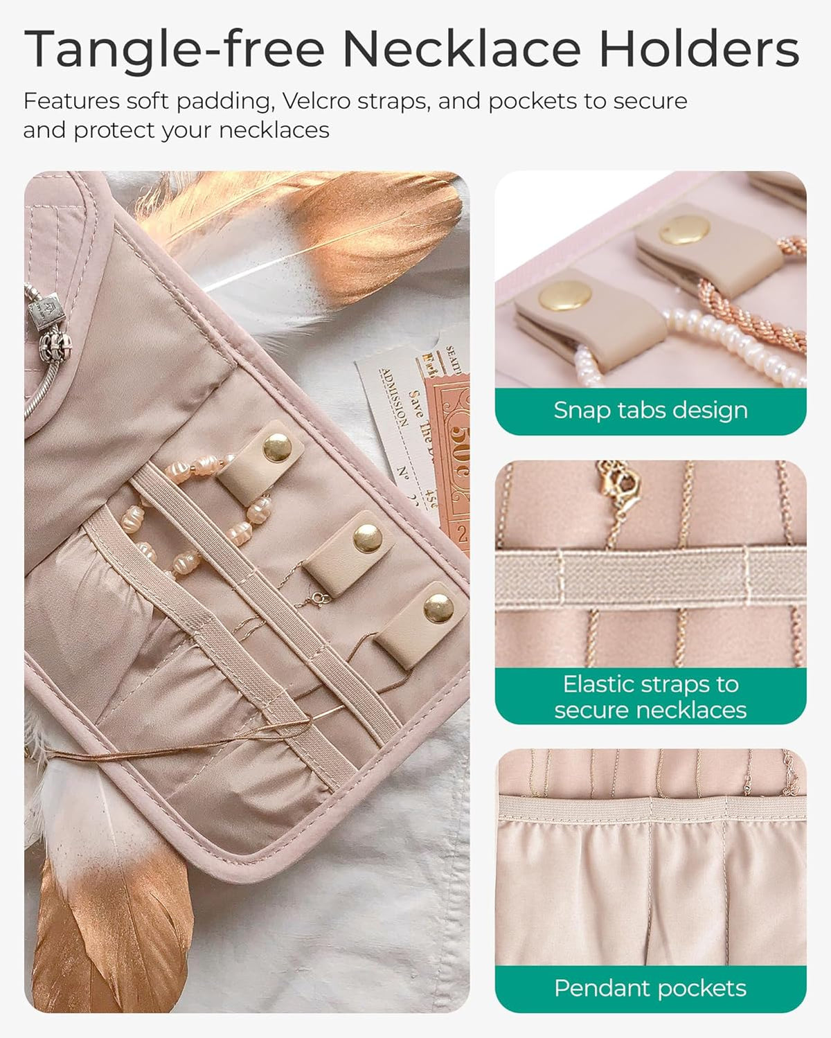 Travel Jewelry Organizer Case Foldable Small Jewelry Roll for Journey Rings, Necklaces, Earrings, Bracelets,Mini,Soft Pink