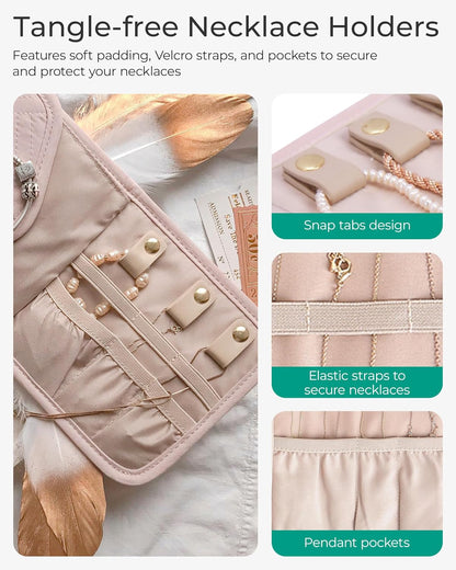 Travel Jewelry Organizer Case Foldable Small Jewelry Roll for Journey Rings, Necklaces, Earrings, Bracelets,Mini,Soft Pink