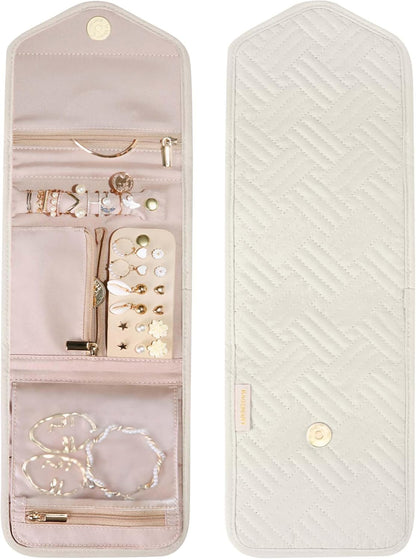 Travel Jewelry Organizer Case Foldable Small Jewelry Roll for Journey Rings, Necklaces, Earrings, Bracelets,Mini,Soft Pink