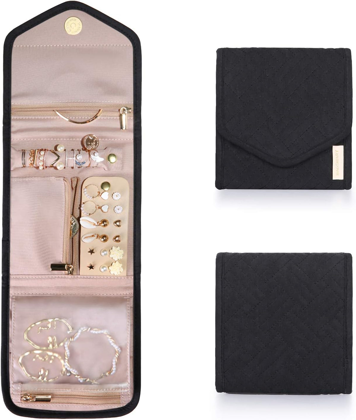 Travel Jewelry Organizer Case Foldable Small Jewelry Roll for Journey Rings, Necklaces, Earrings, Bracelets,Mini,Soft Pink