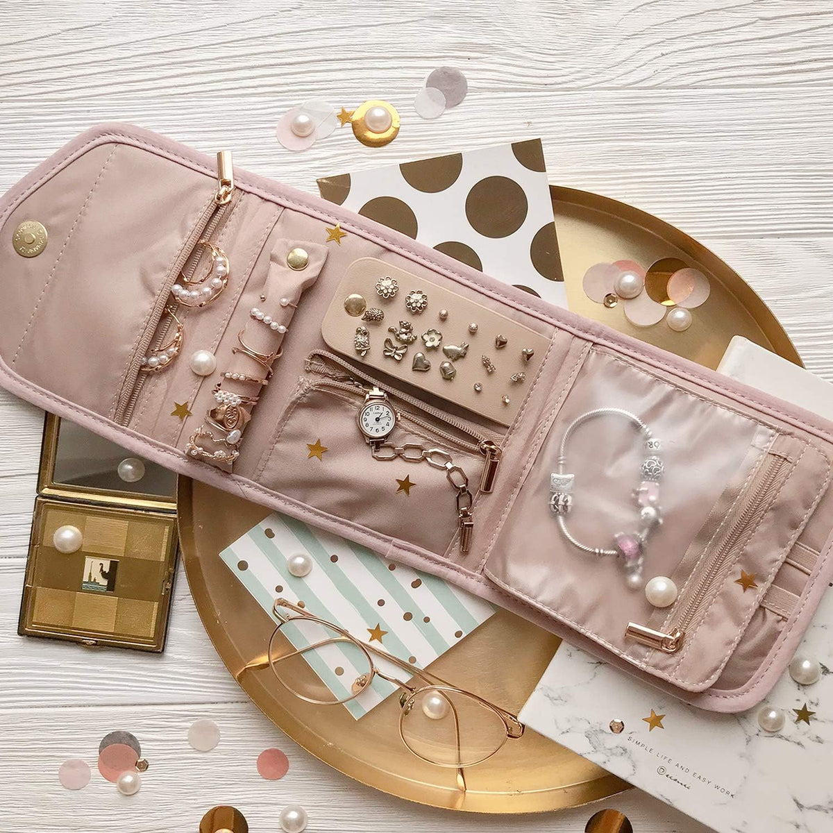 Travel Jewelry Organizer Case Foldable Small Jewelry Roll for Journey Rings, Necklaces, Earrings, Bracelets,Mini,Soft Pink