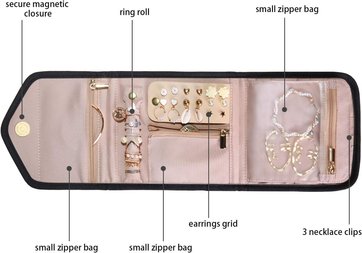 Travel Jewelry Organizer Case Foldable Small Jewelry Roll for Journey Rings, Necklaces, Earrings, Bracelets,Mini,Soft Pink