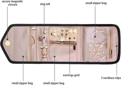 Travel Jewelry Organizer Case Foldable Small Jewelry Roll for Journey Rings, Necklaces, Earrings, Bracelets,Mini,Soft Pink