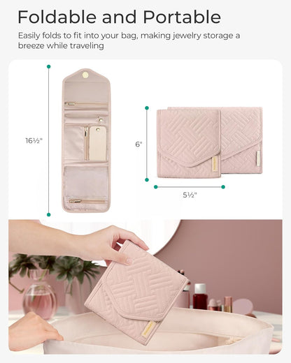 Travel Jewelry Organizer Case Foldable Small Jewelry Roll for Journey Rings, Necklaces, Earrings, Bracelets,Mini,Soft Pink