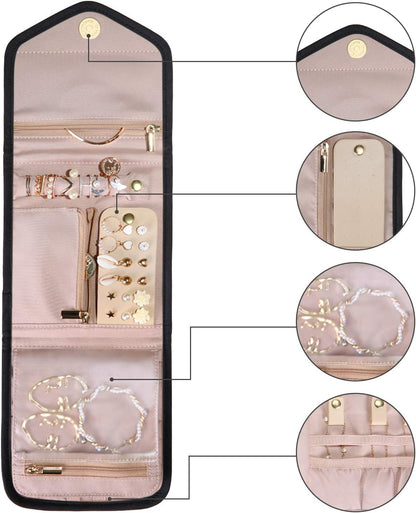 Travel Jewelry Organizer Case Foldable Small Jewelry Roll for Journey Rings, Necklaces, Earrings, Bracelets,Mini,Soft Pink