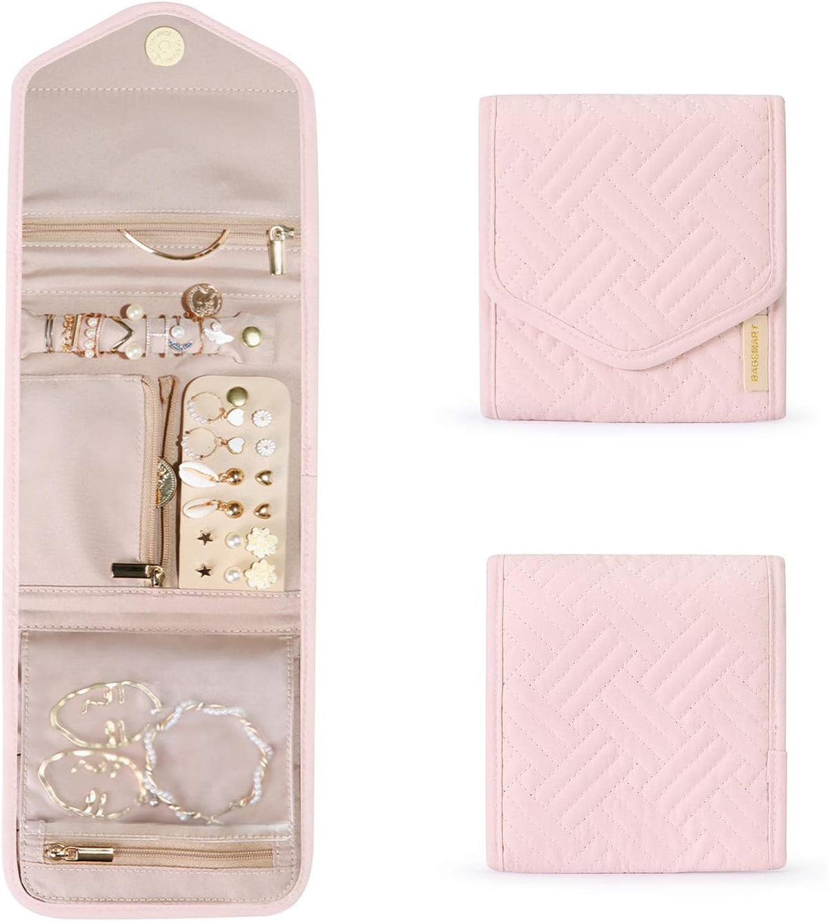 Travel Jewelry Organizer Case Foldable Small Jewelry Roll for Journey Rings, Necklaces, Earrings, Bracelets,Mini,Soft Pink