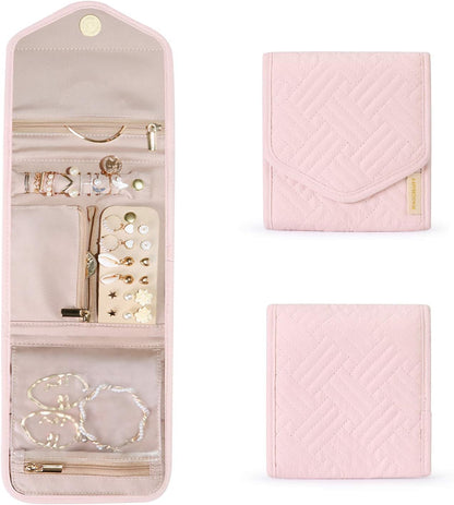 Travel Jewelry Organizer Case Foldable Small Jewelry Roll for Journey Rings, Necklaces, Earrings, Bracelets,Mini,Soft Pink