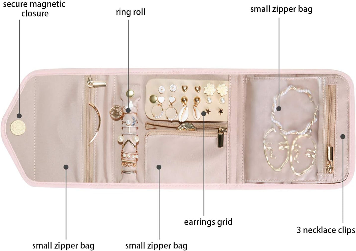 Travel Jewelry Organizer Case Foldable Small Jewelry Roll for Journey Rings, Necklaces, Earrings, Bracelets,Mini,Soft Pink