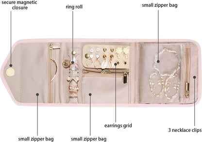 Travel Jewelry Organizer Case Foldable Small Jewelry Roll for Journey Rings, Necklaces, Earrings, Bracelets,Mini,Soft Pink