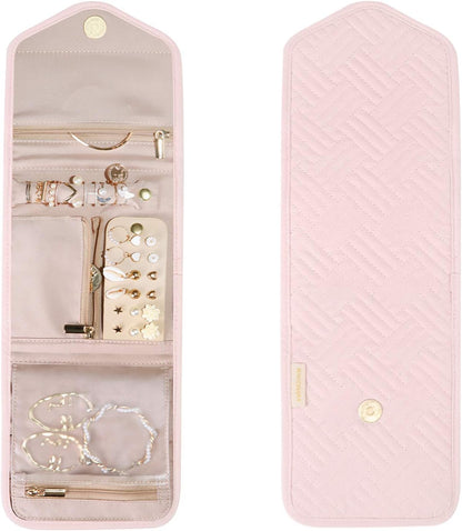 Travel Jewelry Organizer Case Foldable Small Jewelry Roll for Journey Rings, Necklaces, Earrings, Bracelets,Mini,Soft Pink