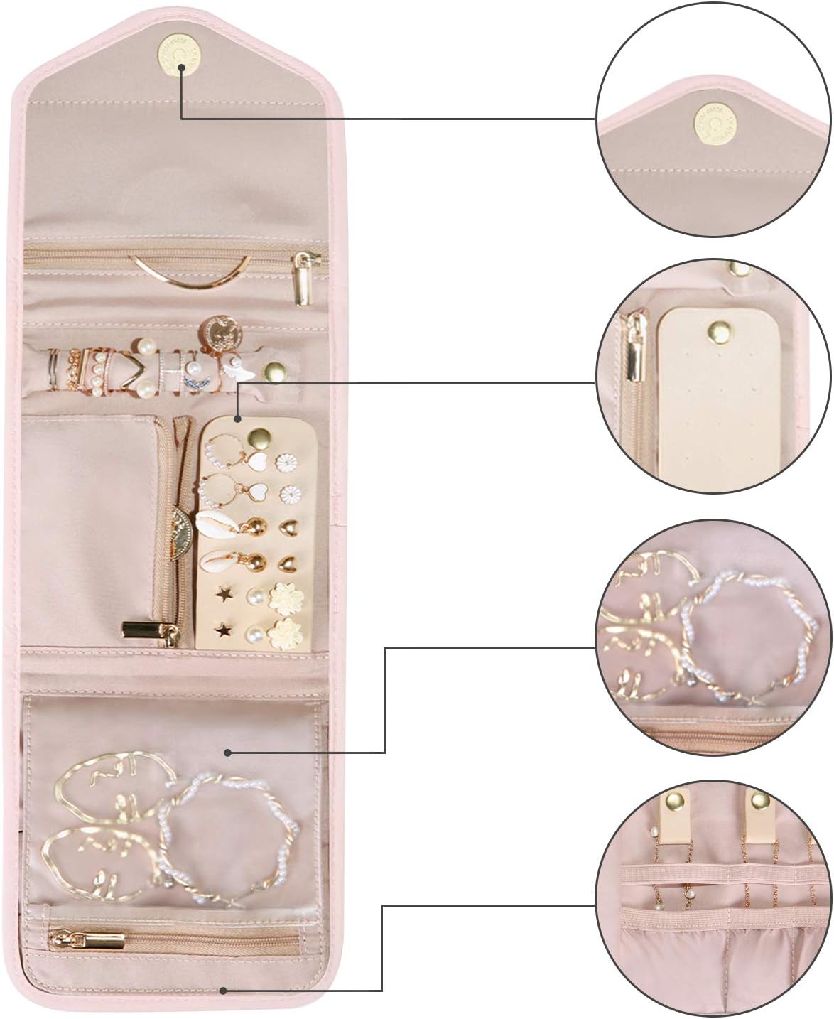 Travel Jewelry Organizer Case Foldable Small Jewelry Roll for Journey Rings, Necklaces, Earrings, Bracelets,Mini,Soft Pink