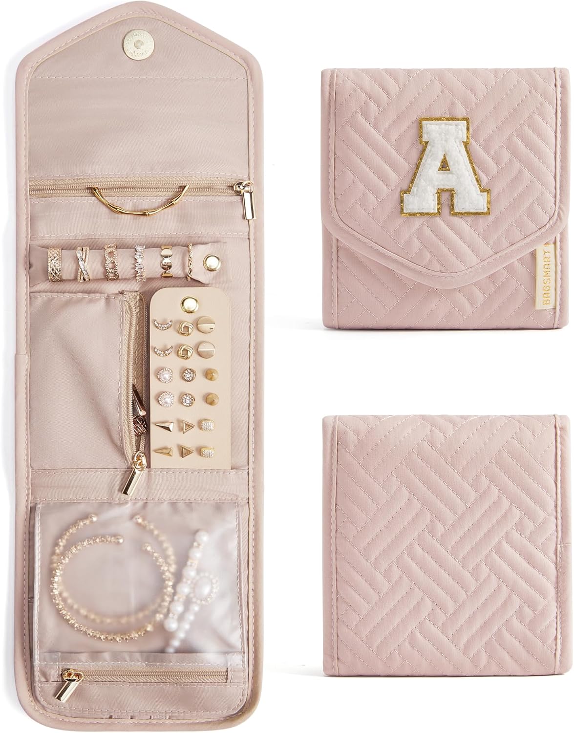 Travel Jewelry Organizer Case Foldable Small Jewelry Roll for Journey Rings, Necklaces, Earrings, Bracelets,Mini,Soft Pink