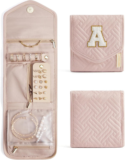 Travel Jewelry Organizer Case Foldable Small Jewelry Roll for Journey Rings, Necklaces, Earrings, Bracelets,Mini,Soft Pink