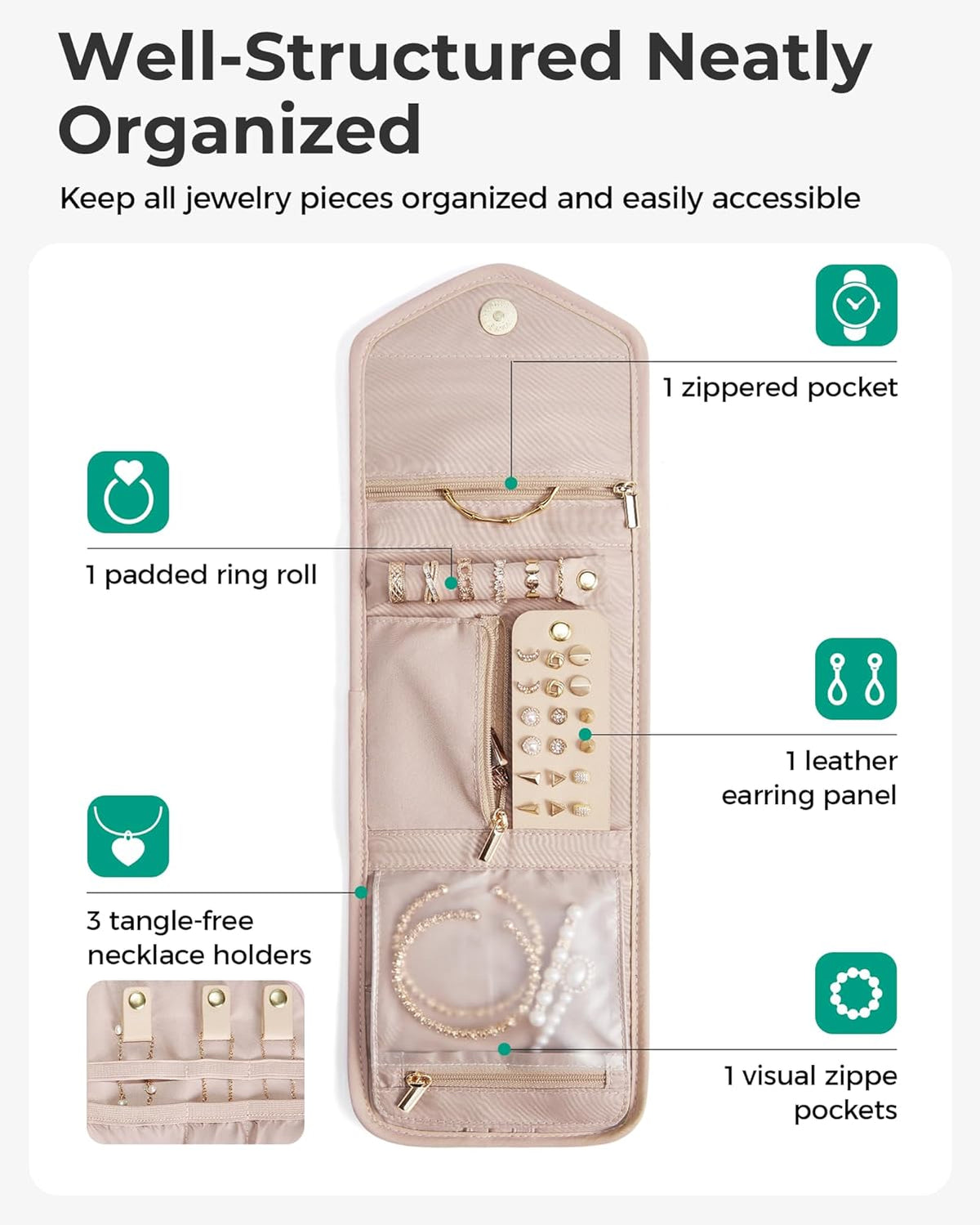 Travel Jewelry Organizer Case Foldable Small Jewelry Roll for Journey Rings, Necklaces, Earrings, Bracelets,Mini,Soft Pink