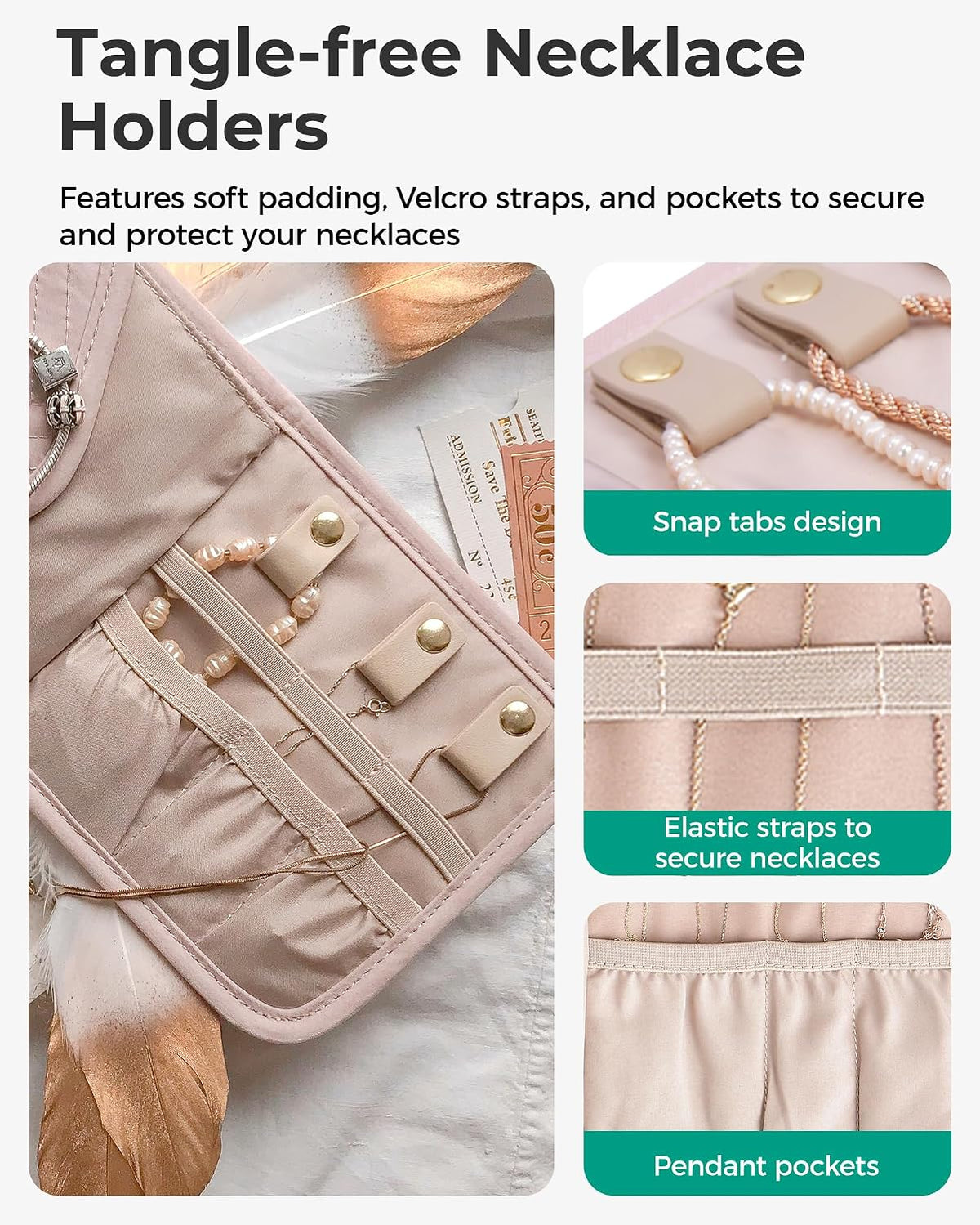 Travel Jewelry Organizer Case Foldable Small Jewelry Roll for Journey Rings, Necklaces, Earrings, Bracelets,Mini,Soft Pink